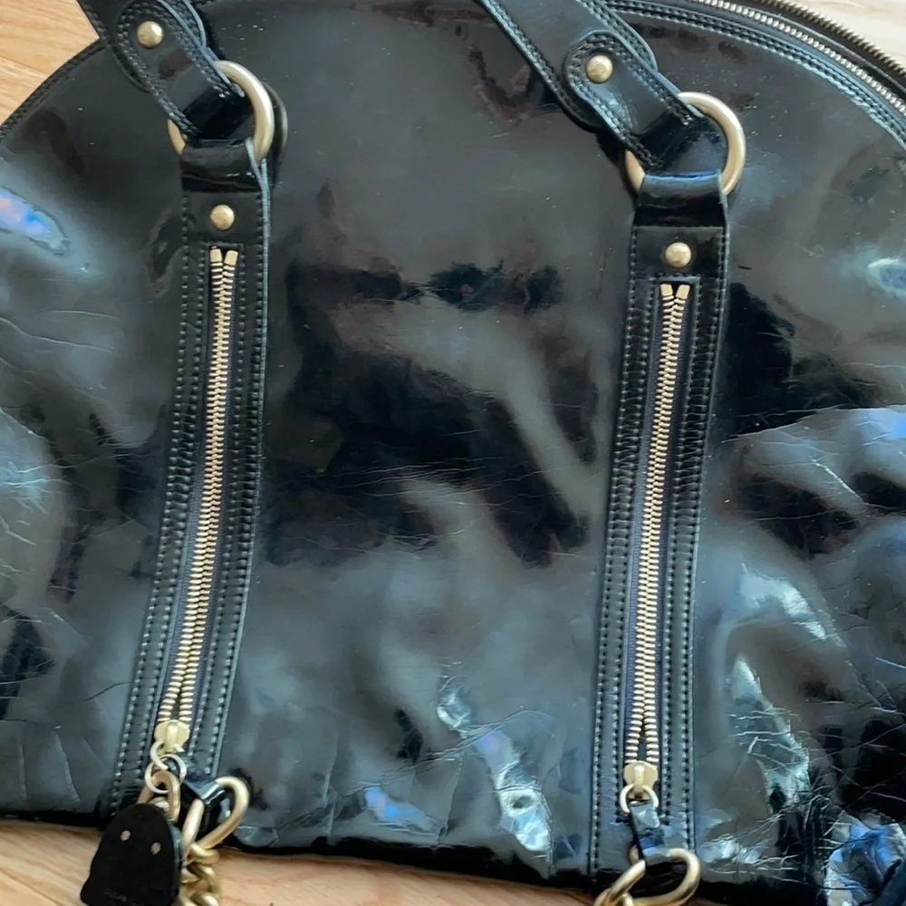 🏆HP🏆 𝅺Authentic EMPORIO ARMANI Crackled Black Patent Bowling Bag w Chains